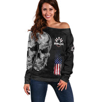 Bowling Skull Off Shoulder Sweater with American Flag and Custom Name Text Design - Wonder Print Shop
