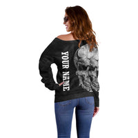 Bowling Skull Off Shoulder Sweater with American Flag and Custom Name Text Design - Wonder Print Shop