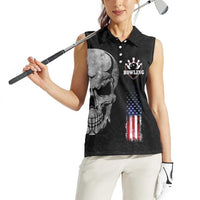 Bowling Skull Women Sleeveless Polo Shirt with American Flag and Custom Name Text Design - Wonder Print Shop