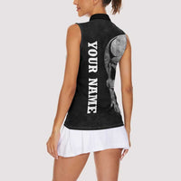 Bowling Skull Women Sleeveless Polo Shirt with American Flag and Custom Name Text Design - Wonder Print Shop
