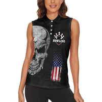 Bowling Skull Women Sleeveless Polo Shirt with American Flag and Custom Name Text Design - Wonder Print Shop