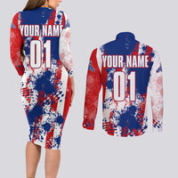 Moto X Skull Graphic Couples Matching Long Sleeve Bodycon Dress and Long Sleeve Button Shirt with Red White Blue Splatter and Custom Number Design - Wonder Print Shop