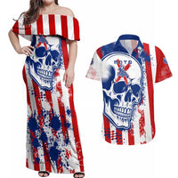 Moto X Skull Graphic Couples Matching Off Shoulder Maxi Dress and Hawaiian Shirt with Red White Blue Splatter and Custom Number Design - Wonder Print Shop
