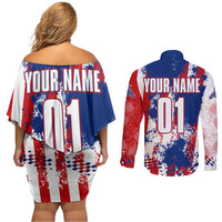 Moto X Skull Graphic Couples Matching Off Shoulder Short Dress and Long Sleeve Button Shirt with Red White Blue Splatter and Custom Number Design - Wonder Print Shop