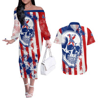 Moto X Skull Graphic Couples Matching Off The Shoulder Long Sleeve Dress and Hawaiian Shirt with Red White Blue Splatter and Custom Number Design - Wonder Print Shop