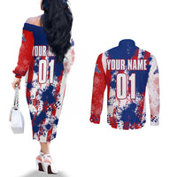 Moto X Skull Graphic Couples Matching Off The Shoulder Long Sleeve Dress and Long Sleeve Button Shirt with Red White Blue Splatter and Custom Number Design - Wonder Print Shop