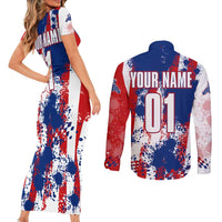 Moto X Skull Graphic Couples Matching Short Sleeve Bodycon Dress and Long Sleeve Button Shirt with Red White Blue Splatter and Custom Number Design - Wonder Print Shop