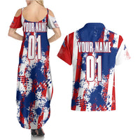 Moto X Skull Graphic Couples Matching Summer Maxi Dress and Hawaiian Shirt with Red White Blue Splatter and Custom Number Design - Wonder Print Shop