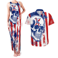 Moto X Skull Graphic Couples Matching Tank Maxi Dress and Hawaiian Shirt with Red White Blue Splatter and Custom Number Design - Wonder Print Shop