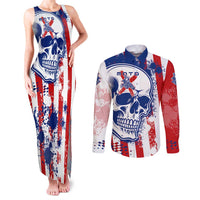 Moto X Skull Graphic Couples Matching Tank Maxi Dress and Long Sleeve Button Shirt with Red White Blue Splatter and Custom Number Design - Wonder Print Shop