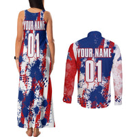 Moto X Skull Graphic Couples Matching Tank Maxi Dress and Long Sleeve Button Shirt with Red White Blue Splatter and Custom Number Design - Wonder Print Shop