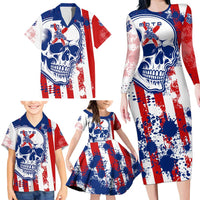 Moto X Skull Graphic Family Matching Long Sleeve Bodycon Dress and Hawaiian Shirt with Red White Blue Splatter and Custom Number Design - Wonder Print Shop
