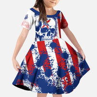 Moto X Skull Graphic Family Matching Off The Shoulder Long Sleeve Dress and Hawaiian Shirt with Red White Blue Splatter and Custom Number Design - Wonder Print Shop
