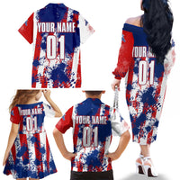 Moto X Skull Graphic Family Matching Off The Shoulder Long Sleeve Dress and Hawaiian Shirt with Red White Blue Splatter and Custom Number Design - Wonder Print Shop