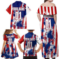 Moto X Skull Graphic Family Matching Off Shoulder Maxi Dress and Hawaiian Shirt with Red White Blue Splatter and Custom Number Design - Wonder Print Shop