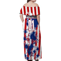 Moto X Skull Graphic Family Matching Off Shoulder Maxi Dress and Hawaiian Shirt with Red White Blue Splatter and Custom Number Design - Wonder Print Shop