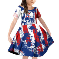 Moto X Skull Graphic Family Matching Off Shoulder Short Dress and Hawaiian Shirt with Red White Blue Splatter and Custom Number Design - Wonder Print Shop