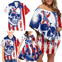 Moto X Skull Graphic Family Matching Off Shoulder Short Dress and Hawaiian Shirt with Red White Blue Splatter and Custom Number Design - Wonder Print Shop