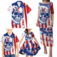 Moto X Skull Graphic Family Matching Puletasi and Hawaiian Shirt with Red White Blue Splatter and Custom Number Design - Wonder Print Shop