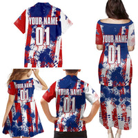Moto X Skull Graphic Family Matching Puletasi and Hawaiian Shirt with Red White Blue Splatter and Custom Number Design - Wonder Print Shop