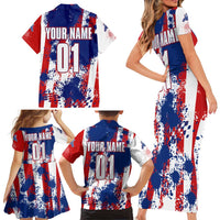 Moto X Skull Graphic Family Matching Short Sleeve Bodycon Dress and Hawaiian Shirt with Red White Blue Splatter and Custom Number Design - Wonder Print Shop