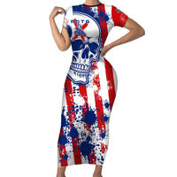 Moto X Skull Graphic Family Matching Short Sleeve Bodycon Dress and Hawaiian Shirt with Red White Blue Splatter and Custom Number Design - Wonder Print Shop