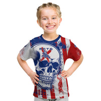 Moto X Skull Graphic Kid T Shirt with Red White Blue Splatter and Custom Number Design - Wonder Print Shop