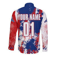 Moto X Skull Graphic Long Sleeve Button Shirt with Red White Blue Splatter and Custom Number Design - Wonder Print Shop