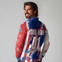 Moto X Skull Graphic Long Sleeve Polo Shirt with Red White Blue Splatter and Custom Number Design - Wonder Print Shop