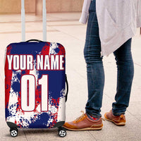 Moto X Skull Graphic Luggage Cover with Red White Blue Splatter and Custom Number Design - Wonder Print Shop