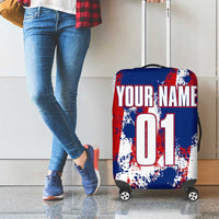 Moto X Skull Graphic Luggage Cover with Red White Blue Splatter and Custom Number Design - Wonder Print Shop