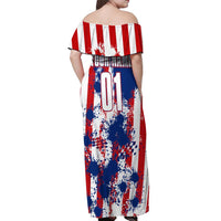 Moto X Skull Graphic Off Shoulder Maxi Dress with Red White Blue Splatter and Custom Number Design - Wonder Print Shop