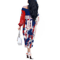 Moto X Skull Graphic Off The Shoulder Long Sleeve Dress with Red White Blue Splatter and Custom Number Design - Wonder Print Shop