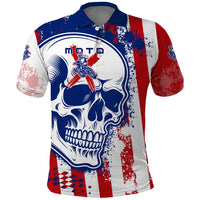 Moto X Skull Graphic Polo Shirt with Red White Blue Splatter and Custom Number Design - Wonder Print Shop