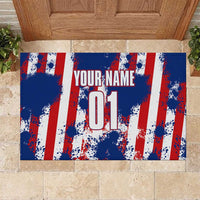 Moto X Skull Graphic Rubber Doormat with Red White Blue Splatter and Custom Number Design - Wonder Print Shop