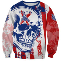 Moto X Skull Graphic Sweatshirt with Red White Blue Splatter and Custom Number Design - Wonder Print Shop
