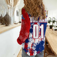 Moto X Skull Graphic Women Casual Shirt with Red White Blue Splatter and Custom Number Design - Wonder Print Shop