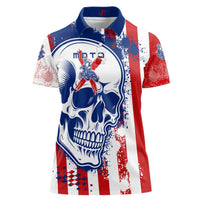 Moto X Skull Graphic Women Polo Shirt with Red White Blue Splatter and Custom Number Design - Wonder Print Shop