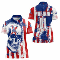 Moto X Skull Graphic Women Polo Shirt with Red White Blue Splatter and Custom Number Design - Wonder Print Shop