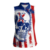 Moto X Skull Graphic Women Sleeveless Polo Shirt with Red White Blue Splatter and Custom Number Design - Wonder Print Shop