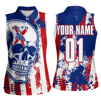 Moto X Skull Graphic Women Sleeveless Polo Shirt with Red White Blue Splatter and Custom Number Design - Wonder Print Shop