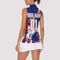 Moto X Skull Graphic Women Sleeveless Polo Shirt with Red White Blue Splatter and Custom Number Design - Wonder Print Shop