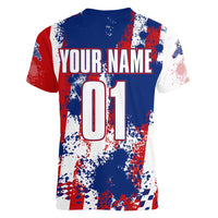 Moto X Skull Graphic Women V-Neck T-Shirt with Red White Blue Splatter and Custom Number Design - Wonder Print Shop