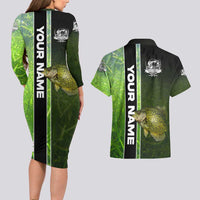 Crappie Fish Green Underwater Graphic Couples Matching Long Sleeve Bodycon Dress and Hawaiian Shirt with Custom Name and Fishing Logo Design - Wonder Print Shop