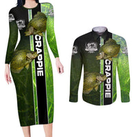 Crappie Fish Green Underwater Graphic Couples Matching Long Sleeve Bodycon Dress and Long Sleeve Button Shirt with Custom Name and Fishing Logo Design - Wonder Print Shop