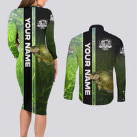 Crappie Fish Green Underwater Graphic Couples Matching Long Sleeve Bodycon Dress and Long Sleeve Button Shirt with Custom Name and Fishing Logo Design - Wonder Print Shop