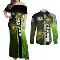 Crappie Fish Green Underwater Graphic Couples Matching Off Shoulder Maxi Dress and Long Sleeve Button Shirt with Custom Name and Fishing Logo Design - Wonder Print Shop