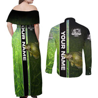 Crappie Fish Green Underwater Graphic Couples Matching Off Shoulder Maxi Dress and Long Sleeve Button Shirt with Custom Name and Fishing Logo Design - Wonder Print Shop