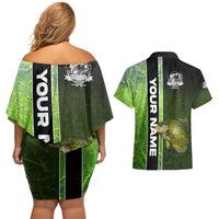 Crappie Fish Green Underwater Graphic Couples Matching Off Shoulder Short Dress and Hawaiian Shirt with Custom Name and Fishing Logo Design - Wonder Print Shop