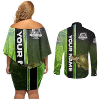 Crappie Fish Green Underwater Graphic Couples Matching Off Shoulder Short Dress and Long Sleeve Button Shirt with Custom Name and Fishing Logo Design - Wonder Print Shop